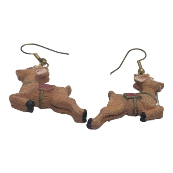 Vintage Flying Reindeer Pierced Earrings Christmas Dangle - Picture 1 of 4